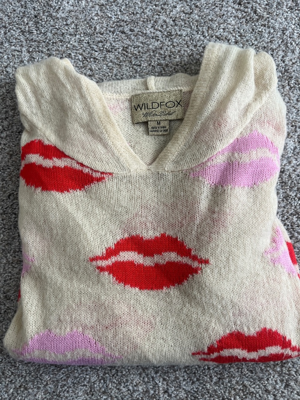 Wildfox Cream V-Neck Hoodie Sweater with Red & Pink Lip Motif